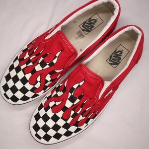 SOLD     Vans Red Checkerboard Flame Slip on Sneakers Men's Size 11